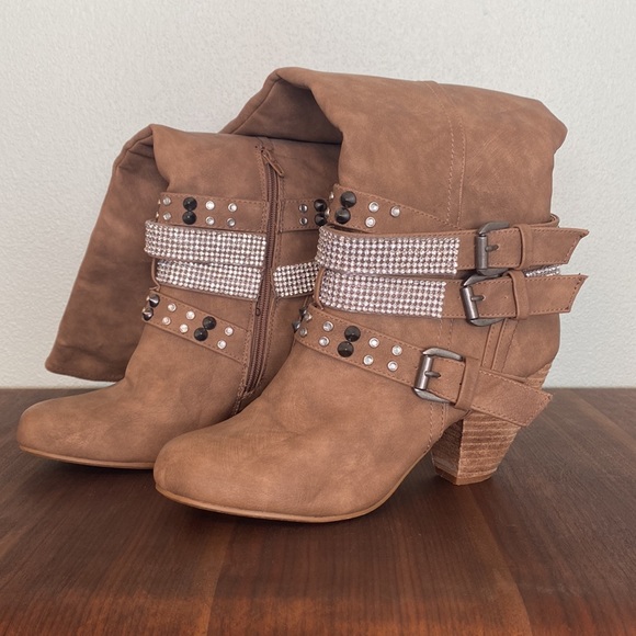 Not Rated Brown Heeled Boots with Buckle Straps - Picture 2 of 4